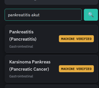A real search in KoasKit for "pankreatitis akut", showing real matching entries